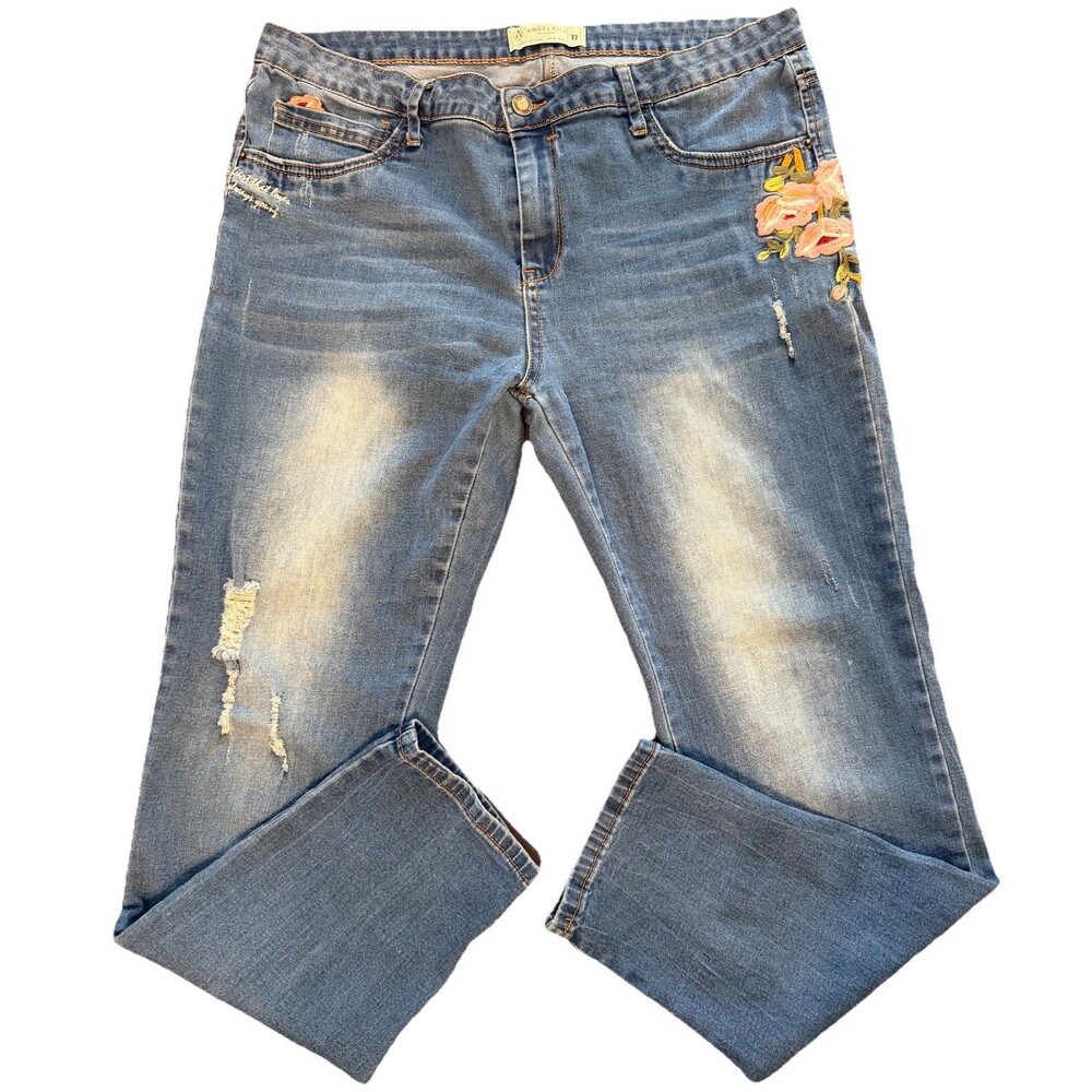Angel Kiss Los Angeles Floral Embroidered Stretch Skinny Mid Rise Jeans Size 17